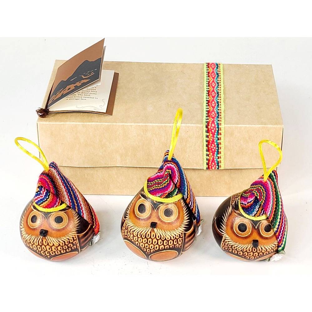 Set of 3 Margarita & Martha Dried Mate Gourd Owls w/Hats Handcrafted Ornaments